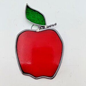 Vintage Apple Shaped Stained Glass Sun Catcher Window Ornament Red Green